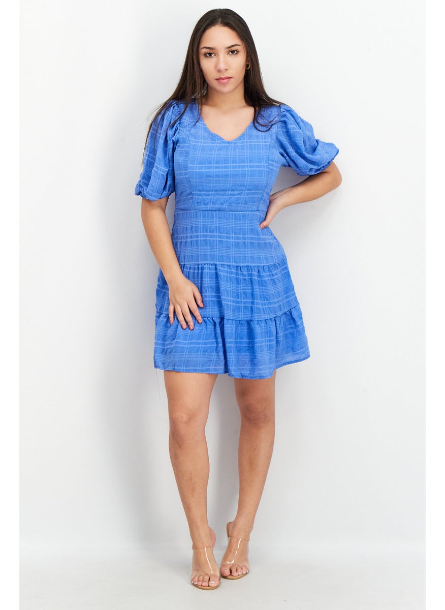 French Connection - Women V-Neck Puffed Sleeve Textured Mini Dress, Blue - Image 1