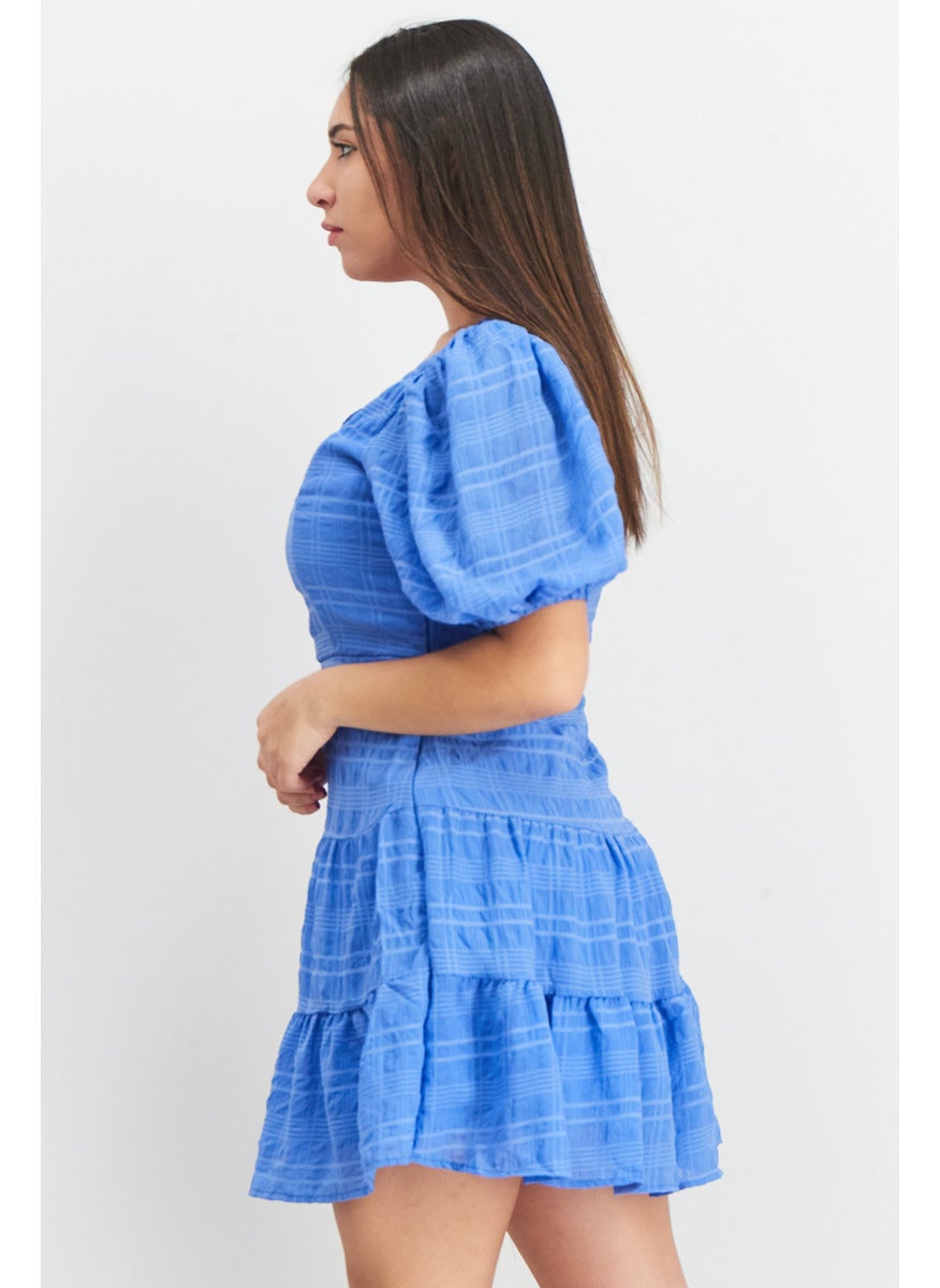 French Connection - Women V-Neck Puffed Sleeve Textured Mini Dress, Blue - Image 1