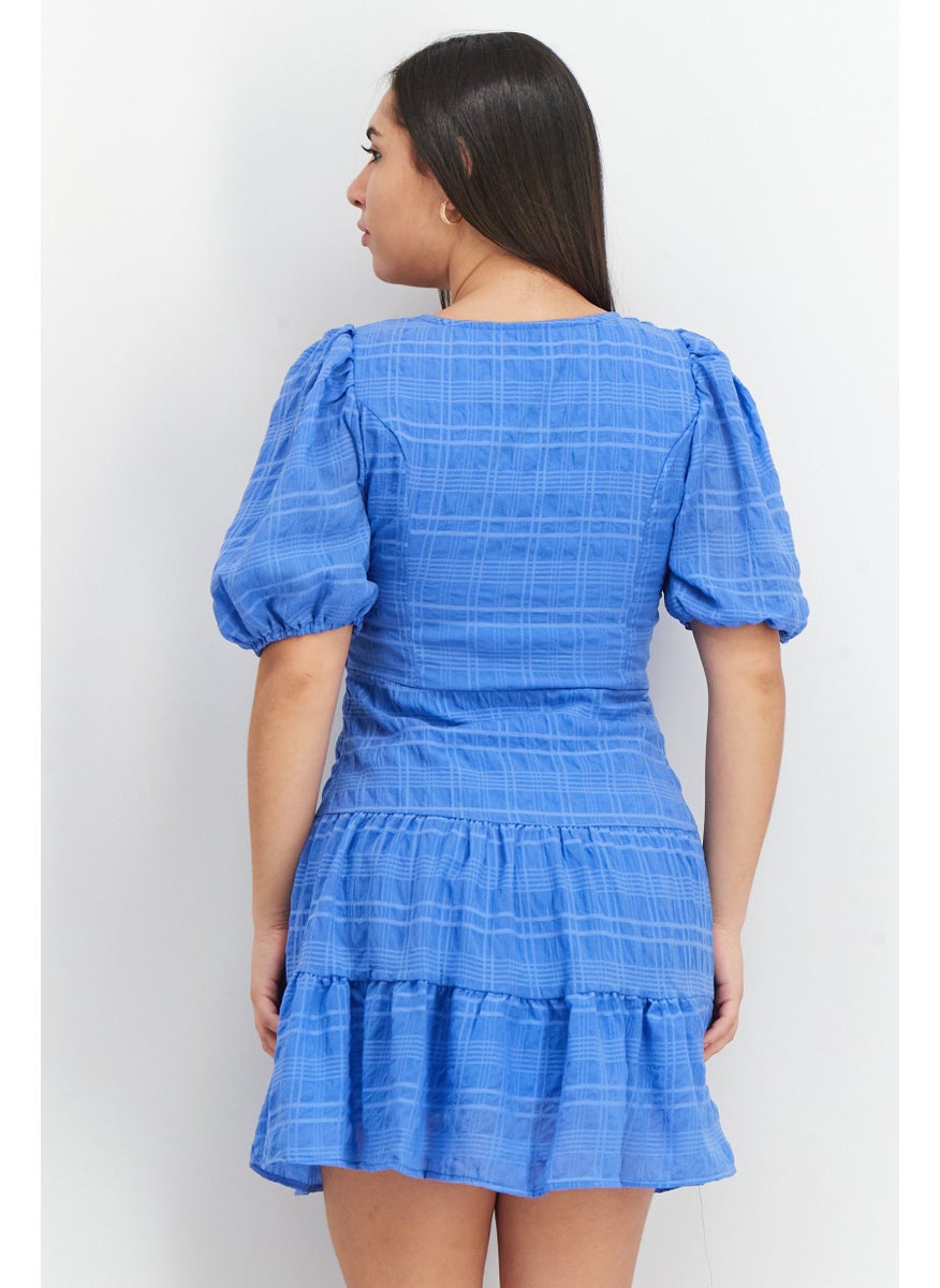 French Connection - Women V-Neck Puffed Sleeve Textured Mini Dress, Blue - Image 1