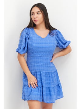 Women V-Neck Puffed Sleeve Textured Mini Dress, Blue