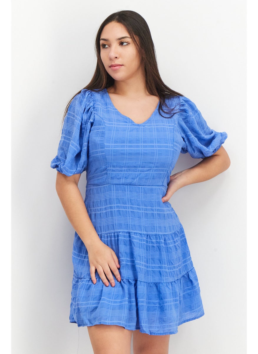 French Connection - Women V-Neck Puffed Sleeve Textured Mini Dress, Blue - Image 1