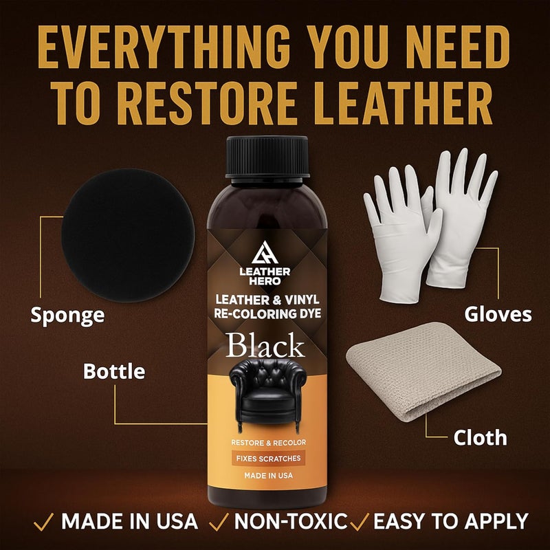 Leather Hero مجموعة لاستعادة لون الجلد - مرمم الجلد للأرائك، دهان أريكة الجلد وإصلاح خدوش الأثاث صبغة الجلد - غير سامة، صنع في الولايات المتحدة الأمريكية (أسود) - Image 3