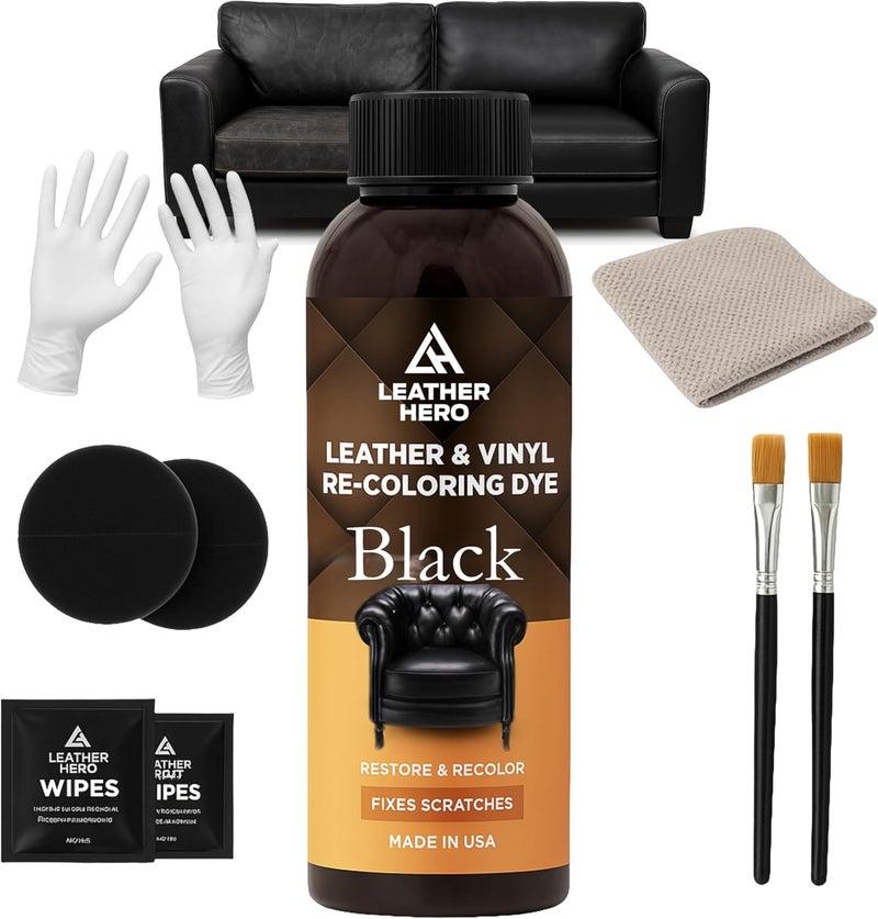 Leather Hero مجموعة لاستعادة لون الجلد - مرمم الجلد للأرائك، دهان أريكة الجلد وإصلاح خدوش الأثاث صبغة الجلد - غير سامة، صنع في الولايات المتحدة الأمريكية (أسود) - Image 1