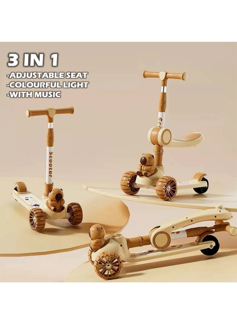 ال بي سكوتر قابل للطي 3 في 1 للأطفال مع مقعد قابل للتعديل وعجلات LED - تصميم الدب - Image 2
