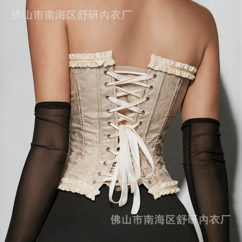 French Jacquard Steel Boned Corset Top with Ruffle Hem - Image 3