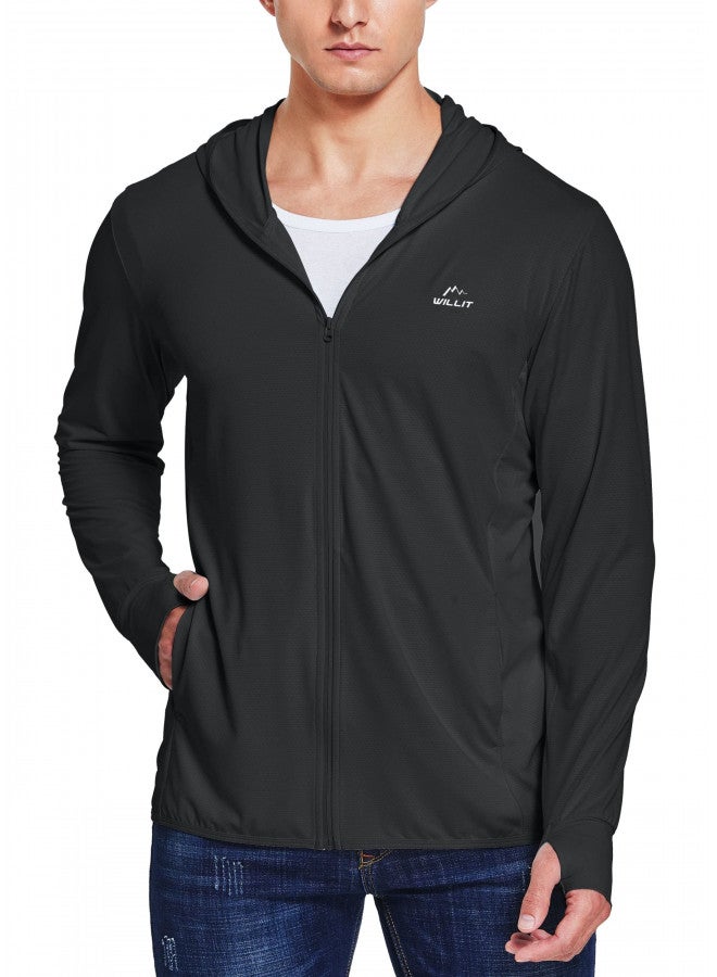 Willit Willit Men's UPF 50+ Light Jacket Sun Protection Hooded SPF UV Jacket Hiking Fishing Shirt Long Sleeve Full Zip Black L  - Image 1