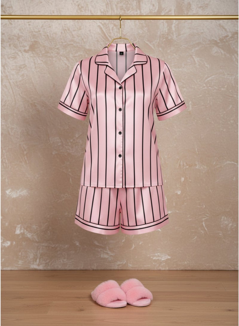 LADY Women's Pink Striped Satin Pajama Set – Button-Up Shirt & Shorts Sleepwear - Image 1