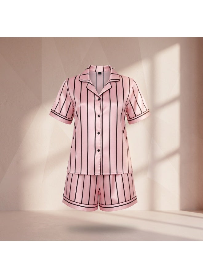 LADY Women's Pink Striped Satin Pajama Set – Button-Up Shirt & Shorts Sleepwear - Image 2