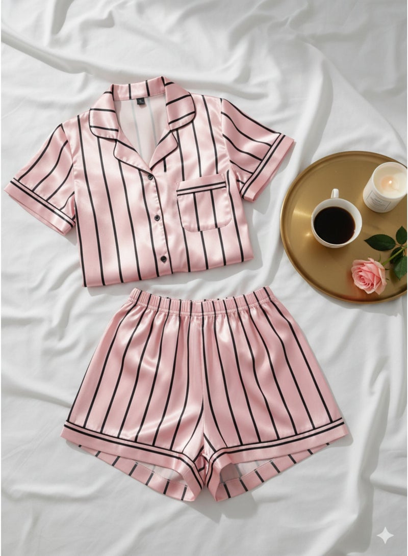 LADY Women's Pink Striped Satin Pajama Set – Button-Up Shirt & Shorts Sleepwear - Image 3