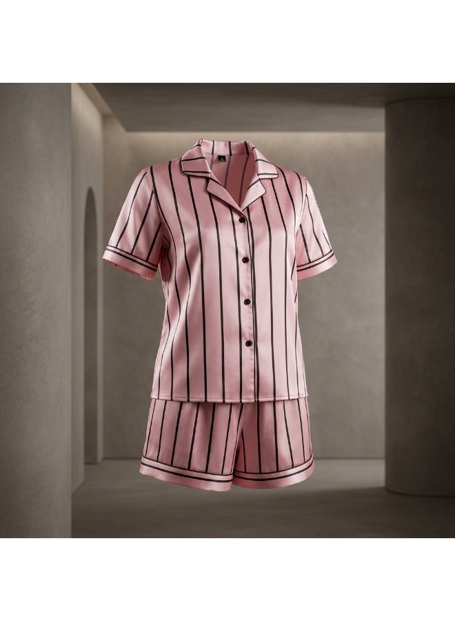 LADY Women's Pink Striped Satin Pajama Set – Button-Up Shirt & Shorts Sleepwear - Image 5