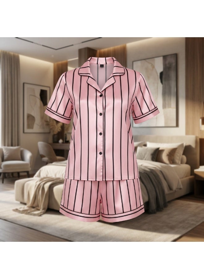LADY Women's Pink Striped Satin Pajama Set – Button-Up Shirt & Shorts Sleepwear - Image 4