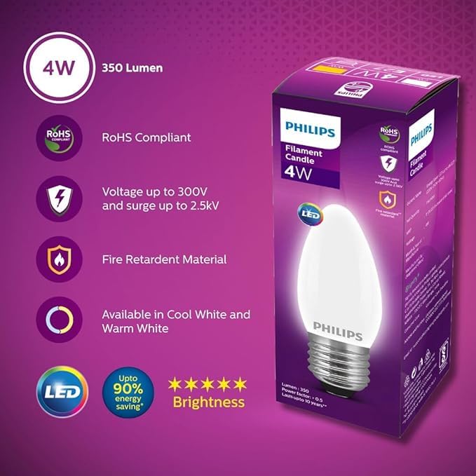 Philips E27 Frosted Candle 400-Lumen Decorative Wall Lights (4W, Pack of 4, White) - Image 2