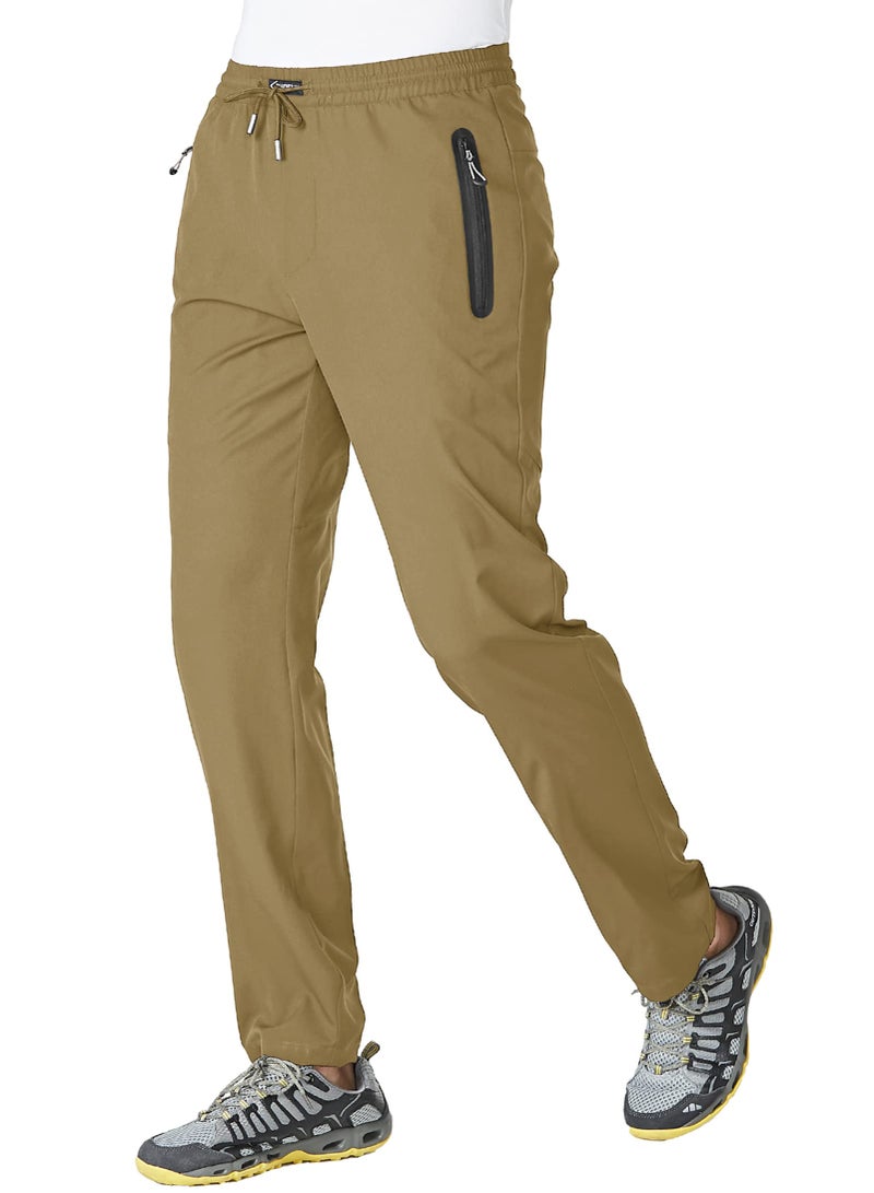 BASUDAM Mens Athletic Pants Thin Lightweight Quick Dry Zipper Pockets Outdoor Sports Pants for Running Jogging Hiking Khaki L