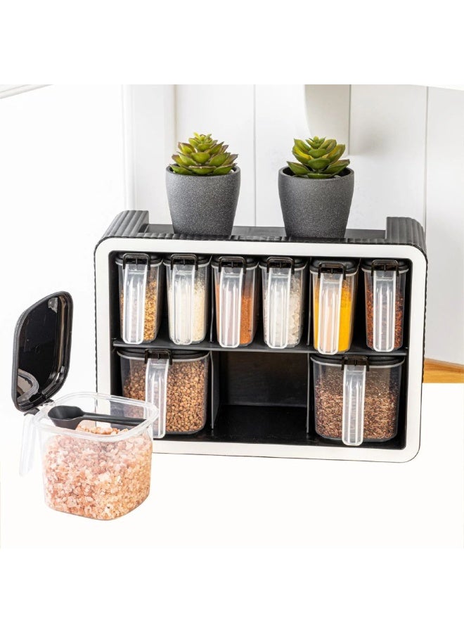 فولي لايف منظم توابل للمطبخ، 9 برطمانات، مثبت على الحائط أو على سطح الطاولة، مع برطمانات بلاستيكية شفافة قابلة للإزالة وأغطية محكمة الإغلاق، قابلة لإعادة التعبئة وجاهزة للتسمية، 32.5×12×22.5 سم، أسود - Image 2