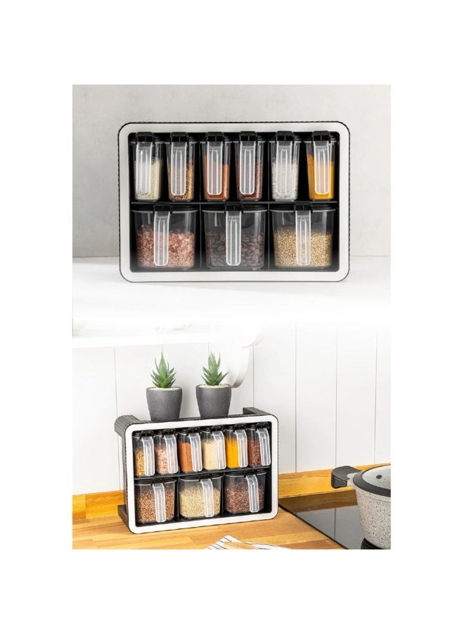 فولي لايف منظم توابل للمطبخ، 9 برطمانات، مثبت على الحائط أو على سطح الطاولة، مع برطمانات بلاستيكية شفافة قابلة للإزالة وأغطية محكمة الإغلاق، قابلة لإعادة التعبئة وجاهزة للتسمية، 32.5×12×22.5 سم، أسود - Image 3