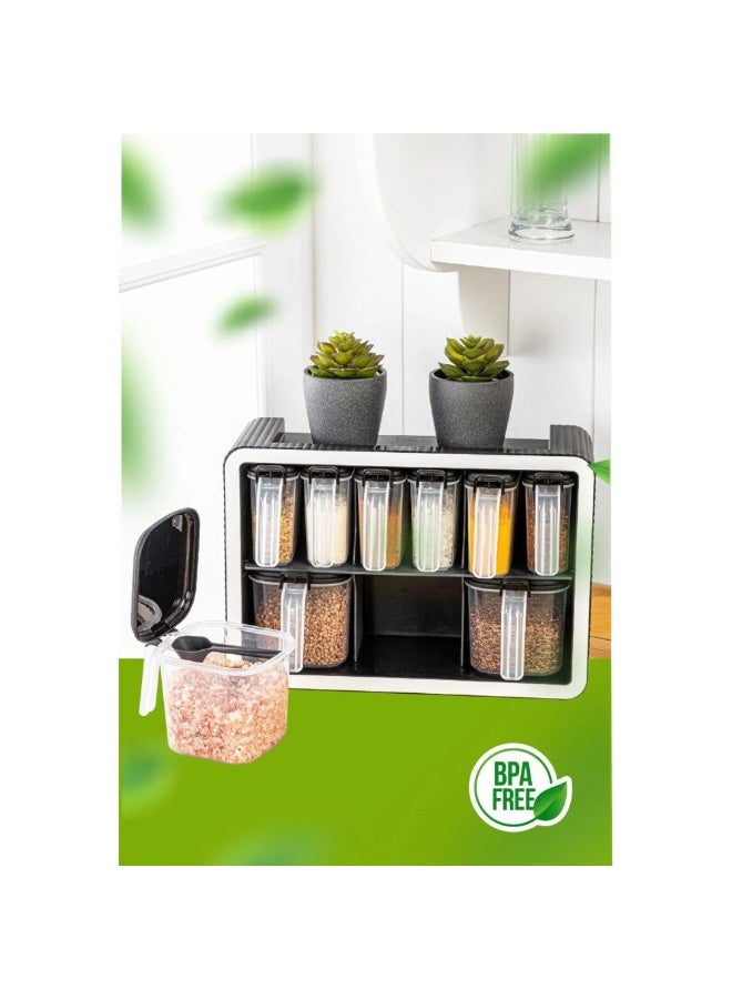 فولي لايف منظم توابل للمطبخ، 9 برطمانات، مثبت على الحائط أو على سطح الطاولة، مع برطمانات بلاستيكية شفافة قابلة للإزالة وأغطية محكمة الإغلاق، قابلة لإعادة التعبئة وجاهزة للتسمية، 32.5×12×22.5 سم، أسود - Image 4