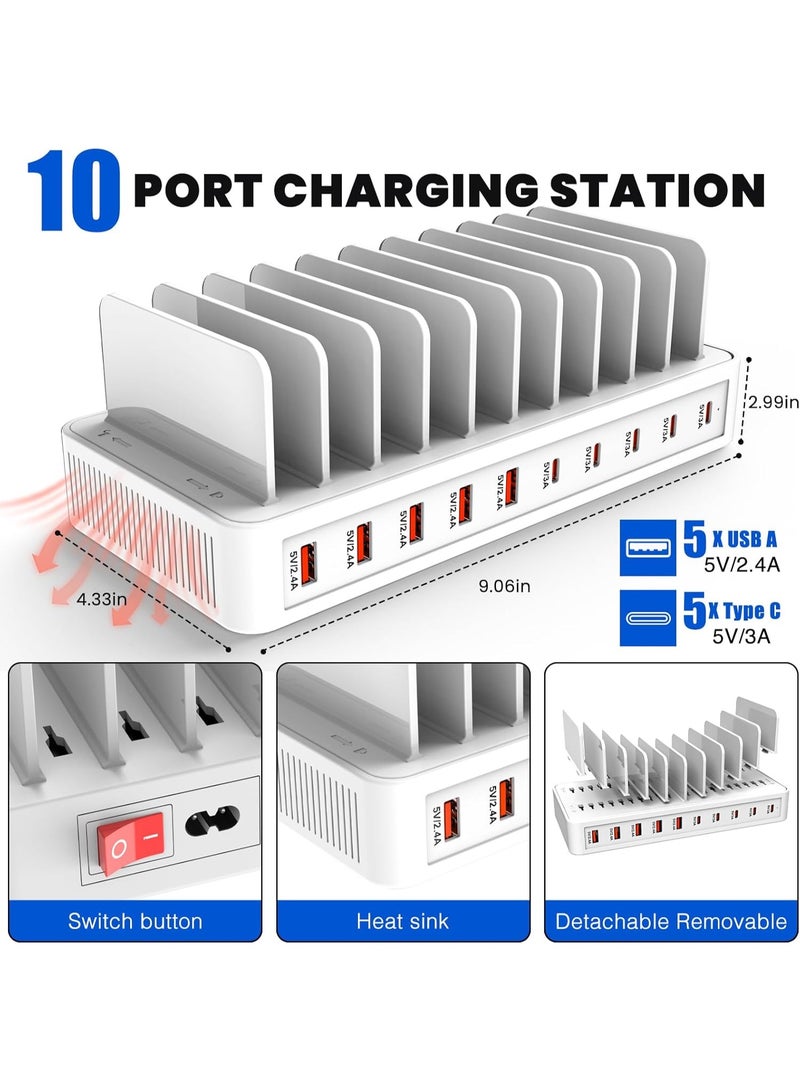 ORIONMAX 10 Port USB Charging Station 100W Multi Device Charging Dock, 5 USB-A & 5 USB-C Ports, Smart IC Desktop Charging Hub with Adjustable Dividers for iPhone, iPad, Samsung, Tablets and More, White (Cables Not Included) - Image 3