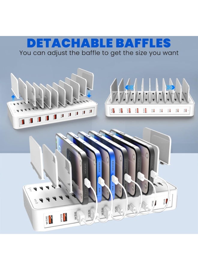 ORIONMAX 10 Port USB Charging Station 100W Multi Device Charging Dock, 5 USB-A & 5 USB-C Ports, Smart IC Desktop Charging Hub with Adjustable Dividers for iPhone, iPad, Samsung, Tablets and More, White (Cables Not Included) - Image 4
