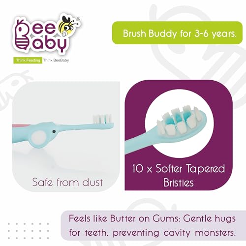 BeeBaby Elephant Brush Buddy Toothbrush for Kids 3-6 Years, Soft Handle for Easy Grip, 10 x Softer Tapered Bristles Ideal for Milk and Permanent Teeth, 100% BPA Free. Blue - Image 2