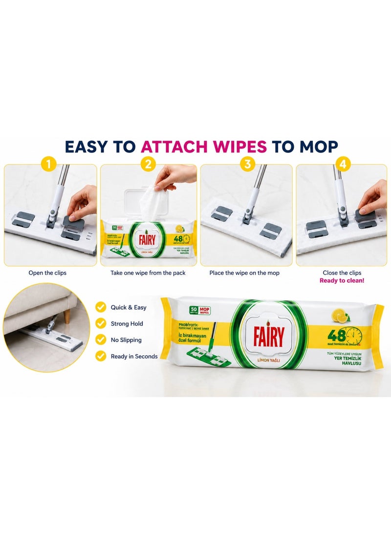 Fairy 3 in 1 Flat Mop Cleaning Set with Microfiber Towel & Fairy Lemon 50 Floor Wipes Packet – 360° Rotating Mop for Home, Kitchen & Floor Cleaning - Image 4