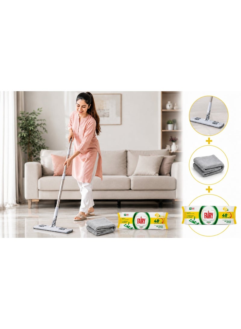 Fairy 3 in 1 Flat Mop Cleaning Set with Microfiber Towel & Fairy Lemon 50 Floor Wipes Packet – 360° Rotating Mop for Home, Kitchen & Floor Cleaning - Image 5