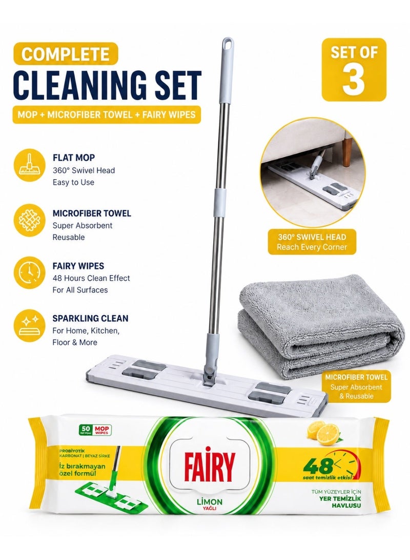 Fairy 3 in 1 Flat Mop Cleaning Set with Microfiber Towel & Fairy Lemon 50 Floor Wipes Packet – 360° Rotating Mop for Home, Kitchen & Floor Cleaning - Image 2