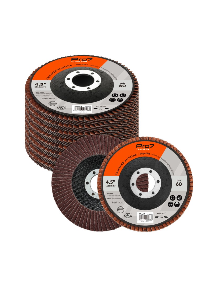 LAWAZIM Pro7 10 Pack Flap Disc Calcined Alumina - 4.5 x 7/8-Inch 60 Grit - 115mm x 22.2 mm Type 27 Angle Grinder Attachment Grinding and Sanding Disc - Ideal for Steel, Wood, Rust and Paint Removal - Image 1