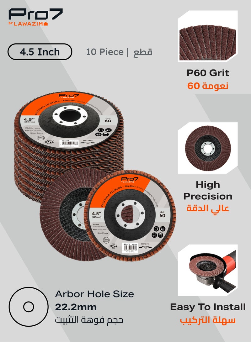 LAWAZIM Pro7 10 Pack Flap Disc Calcined Alumina - 4.5 x 7/8-Inch 60 Grit - 115mm x 22.2 mm Type 27 Angle Grinder Attachment Grinding and Sanding Disc - Ideal for Steel, Wood, Rust and Paint Removal - Image 2