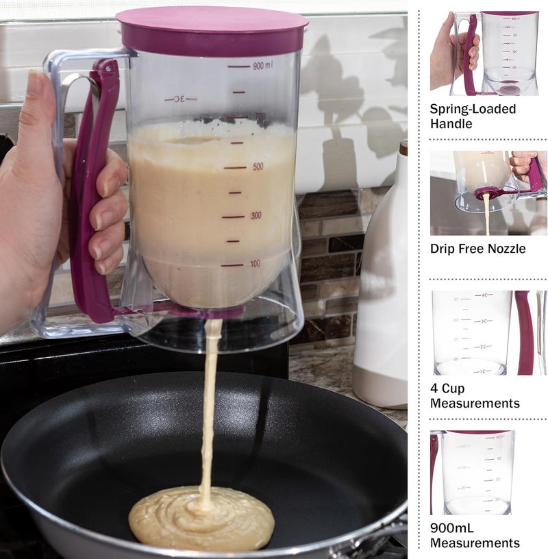 Chef Buddy Pancake Batter Dispenser - 4-Cup Batter Dispenser with Squeeze Handle for Pancakes, Waffles, Muffins, and Crepes - Baking Tools (Purple) - Image 3