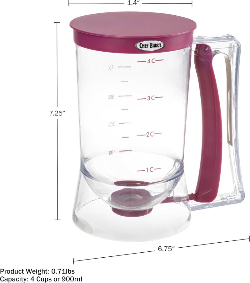 Chef Buddy Pancake Batter Dispenser - 4-Cup Batter Dispenser with Squeeze Handle for Pancakes, Waffles, Muffins, and Crepes - Baking Tools (Purple) - Image 2