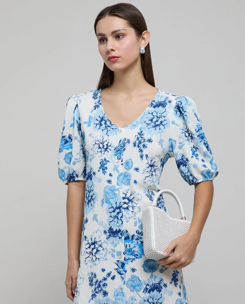 أر أند بي Printed A-Line Dress with V-Neck and Puff Sleeves