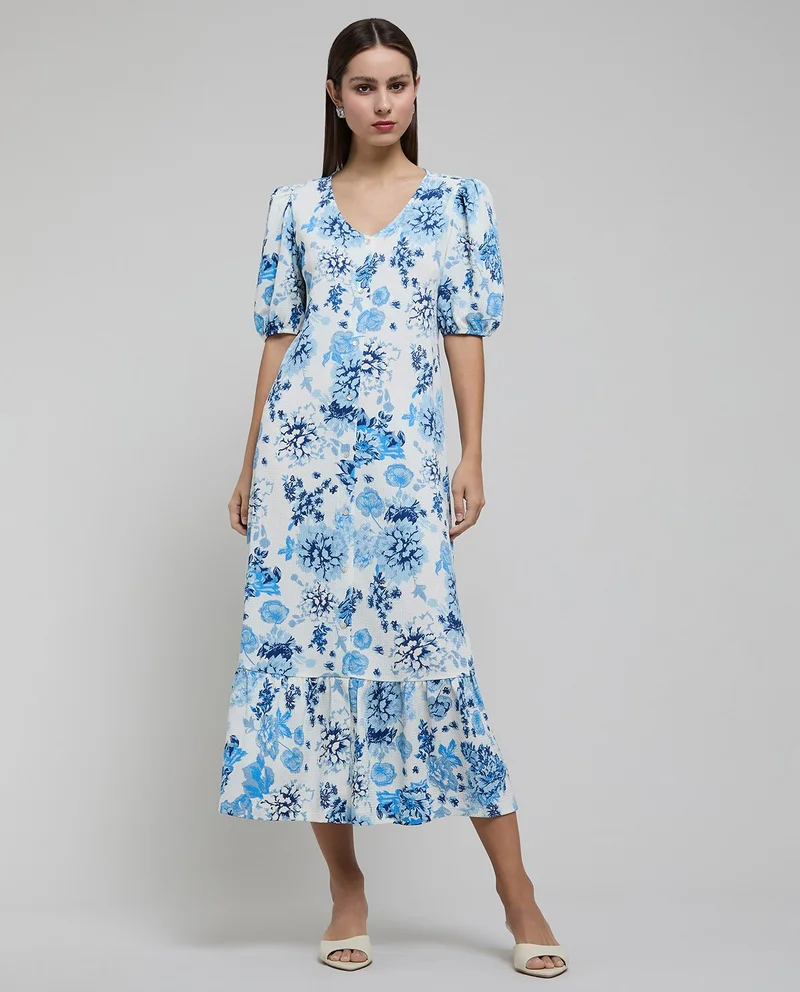 أر أند بي Printed A-Line Dress with V-Neck and Puff Sleeves