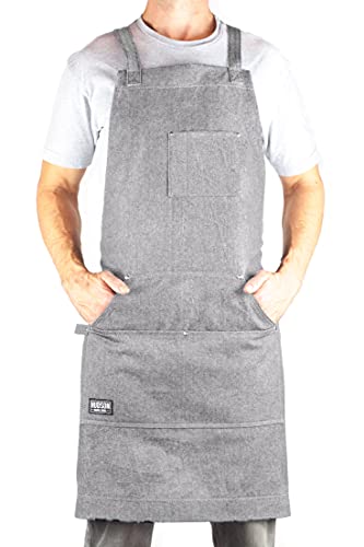 Hudson Durable Goods Professional Grade Chef Apron for Kitchen BBQ and Grill Adjustable Crossback Denim Apron for Men and Women with Pockets Towel Loop Quick Release Buckle 34 x 27 Inch Grey