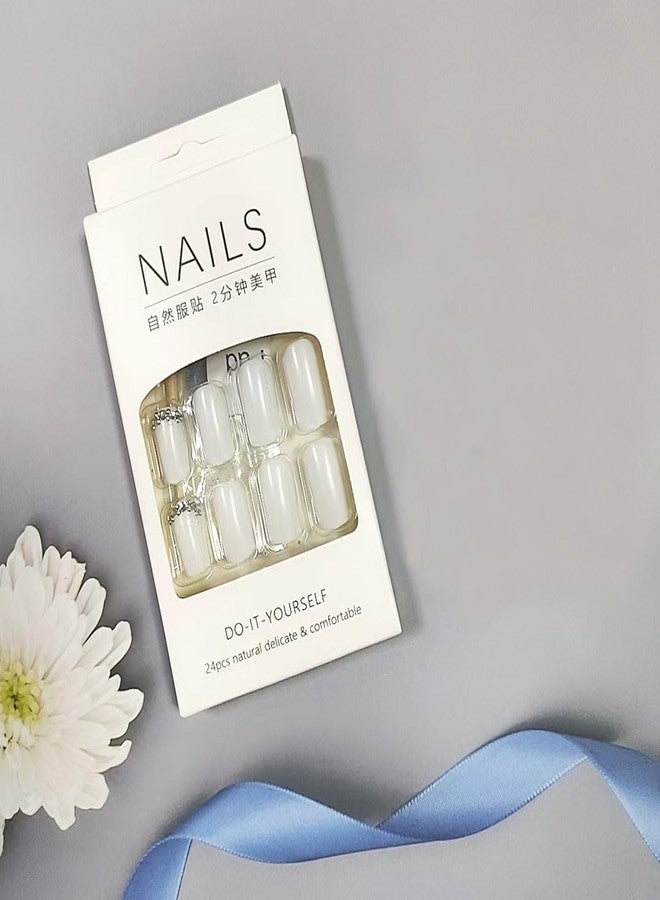 OSTTMA 24 PCS Press on Nails Square Short Fake Nail Silver Glitter with Rhinestones Exquisite Design White Glossy Glue on Nails Full Cover Bling Sequins False Nail Artificial Acrylic Nails for Women - Image 4