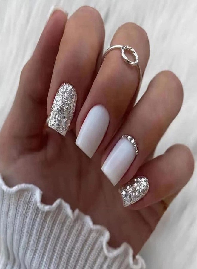 OSTTMA 24 PCS Press on Nails Square Short Fake Nail Silver Glitter with Rhinestones Exquisite Design White Glossy Glue on Nails Full Cover Bling Sequins False Nail Artificial Acrylic Nails for Women - Image 1