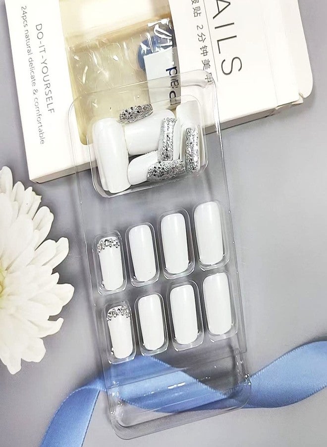 OSTTMA 24 PCS Press on Nails Square Short Fake Nail Silver Glitter with Rhinestones Exquisite Design White Glossy Glue on Nails Full Cover Bling Sequins False Nail Artificial Acrylic Nails for Women - Image 3