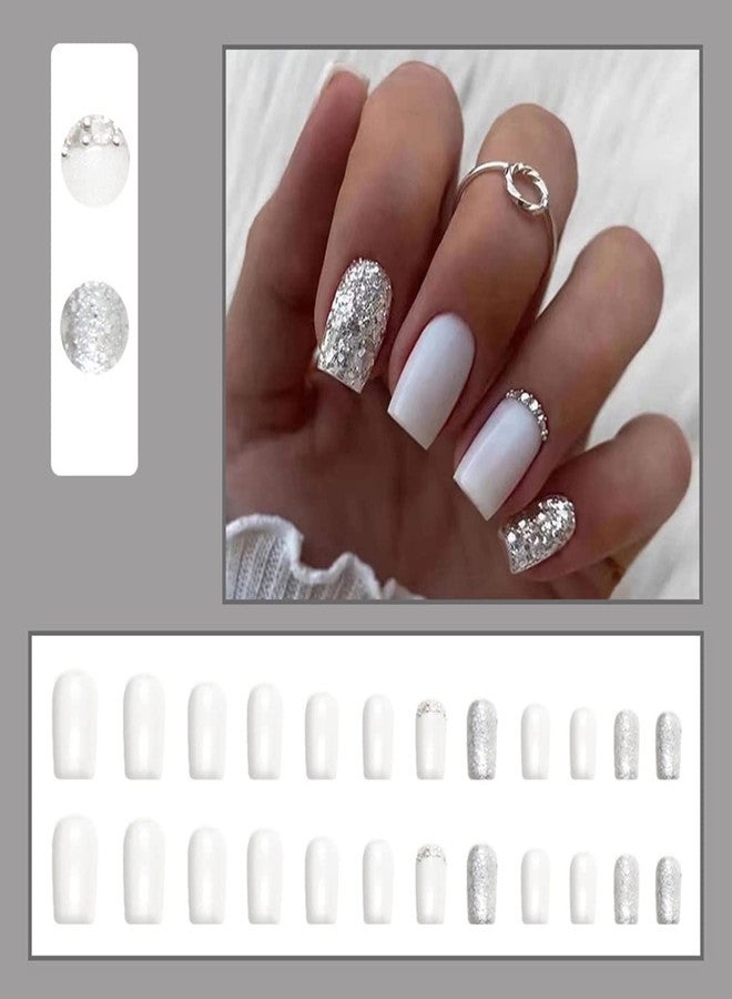 OSTTMA 24 PCS Press on Nails Square Short Fake Nail Silver Glitter with Rhinestones Exquisite Design White Glossy Glue on Nails Full Cover Bling Sequins False Nail Artificial Acrylic Nails for Women - Image 2