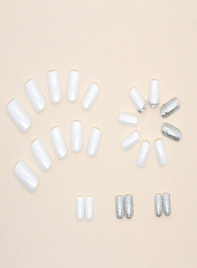 OSTTMA 24 PCS Press on Nails Square Short Fake Nail Silver Glitter with Rhinestones Exquisite Design White Glossy Glue on Nails Full Cover Bling Sequins False Nail Artificial Acrylic Nails for Women - Image 5