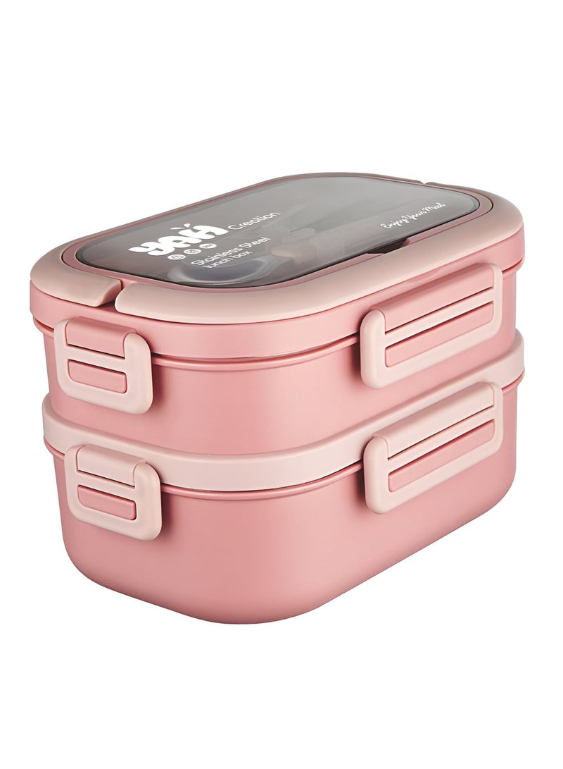 YAH Premium Stainless Steel Bento Lunch Box with Lunch Bag, 2-Layer Leakproof Food Container (1.65L) with Stainless Steel Cutlery & Insulated Thermal Bag, Durable & Stylish for Work & School. Light Pink