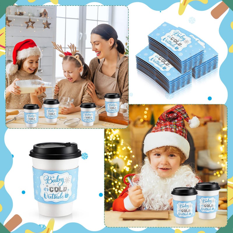 Yexiya 60 Pieces Christmas Baby It's Cold Outside Cup Sleeves Coffee Tea Fits 12oz 16oz Disposable Paper Cup Sleeves for Hot Chocolate Cocoa Beverage Xmas Party Supplies(Blue Silver) - Image 2