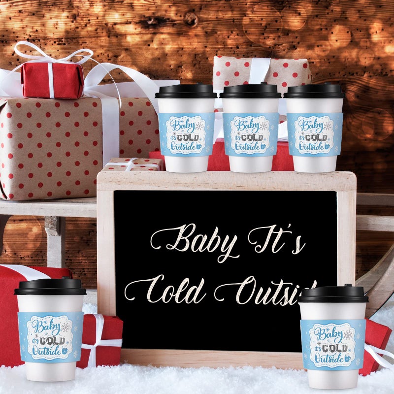 Yexiya 60 Pieces Christmas Baby It's Cold Outside Cup Sleeves Coffee Tea Fits 12oz 16oz Disposable Paper Cup Sleeves for Hot Chocolate Cocoa Beverage Xmas Party Supplies(Blue Silver) - Image 3