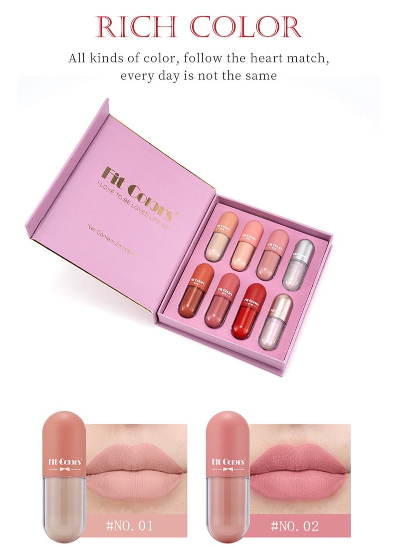 Fit Colors مجموعة ملمع شفاه بوك 8 ألوان مع كوب لؤلؤي غير لامع غير لاصق سائل أحمر شفاه ملمع شفاه  - Image 1
