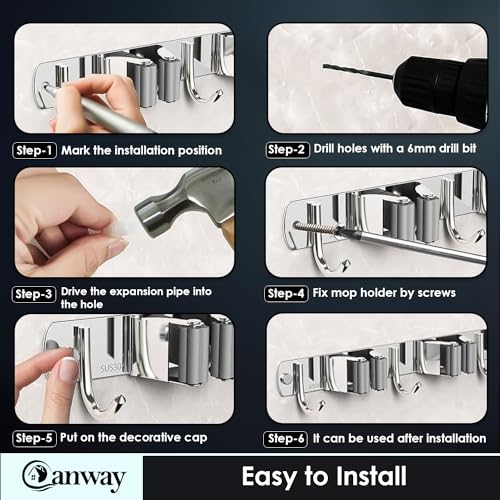 CANWAY® 1 Piece Stainless Steel 5 Racks with 6 Hooks Heavy Duty Wall Mounted Broom and Mop Stick Holder, Hanging Tools for Home Kitchen Garden Laundry Garage (Silver) - Image 5