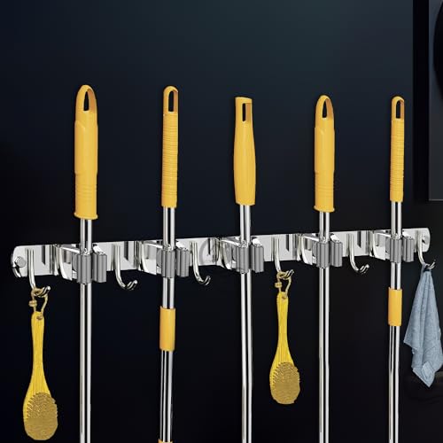 CANWAY® 1 Piece Stainless Steel 5 Racks with 6 Hooks Heavy Duty Wall Mounted Broom and Mop Stick Holder, Hanging Tools for Home Kitchen Garden Laundry Garage (Silver) - Image 1
