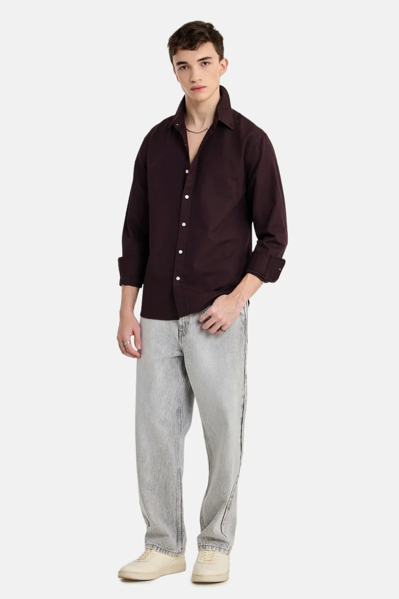 سنيتش Burgundy Solid Long Sleeve Regular Fit Shirt