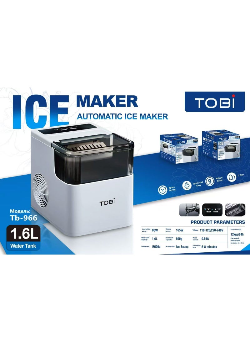 BlueFire TB-966 Countertop Ice Maker Machine – 12KG/24H Portable Automatic Ice Maker with 1.6L Water Tank, Makes 9 Bullet Ice Cubes in 6-8 Minutes, 2 Ice Cube Sizes, 165W Energy Efficient, Auto Shut-Off, Ice Basket & Scoop Included, 3-Pin Plug, Compact Ice Maker for Home, Office, Kitchen, RV, Camping & Parties - Image 2