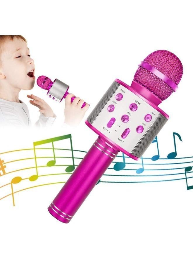 Wireless Bluetooth Karaoke Microphone for Kids, 5-in-1 Portable Handheld Karaoke Mic Speaker Player Recorder with Adjustable Remix FM Radio for Kids Girls Boys Teens Birthday (Hot Pink)
