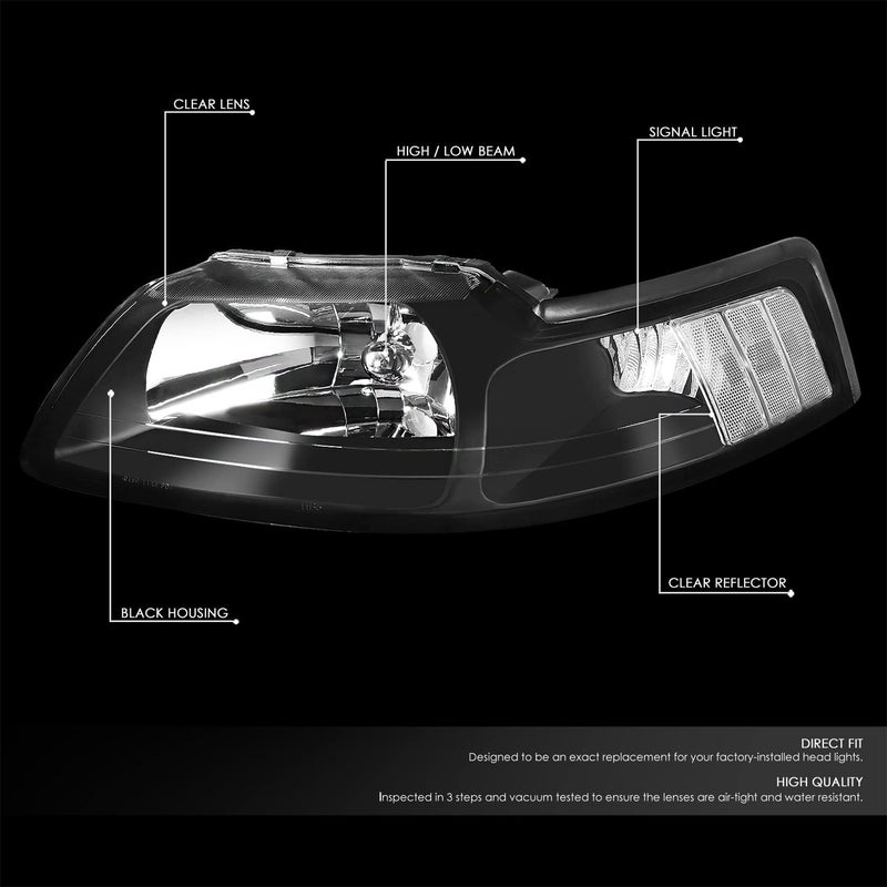 Auto Dynasty Halogen Headlights Assembly Kit for Ford Mustang 1999-2004, Black Housing, Clear Lens - Image 2