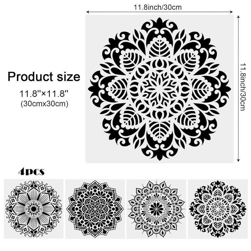 MWOOT 4Pcs Large Mandala Craft Stencils Kit, Reusable DIY Drawing Painting Template for Wood Wall Art Design, Flowers Dotting Shapes Stencils for Painting on Tile Pillows Floor Decor(30x30CM) - Image 4