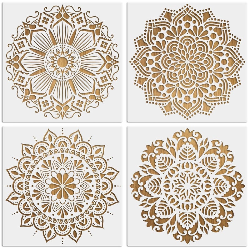 MWOOT 4Pcs Large Mandala Craft Stencils Kit, Reusable DIY Drawing Painting Template for Wood Wall Art Design, Flowers Dotting Shapes Stencils for Painting on Tile Pillows Floor Decor(30x30CM) - Image 1